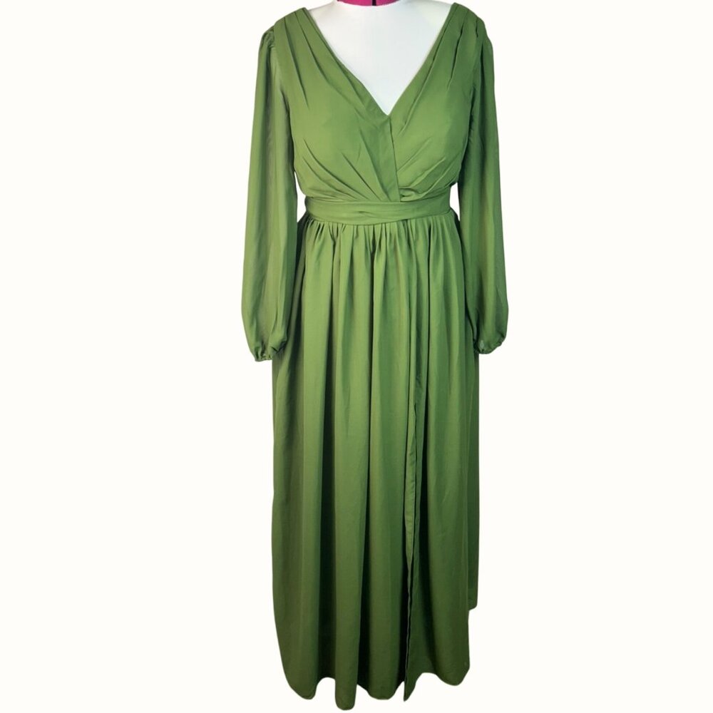 Olive Green Long Sleeve V-Neck Lace Up Corset Mother of Bride Whimsical Dress